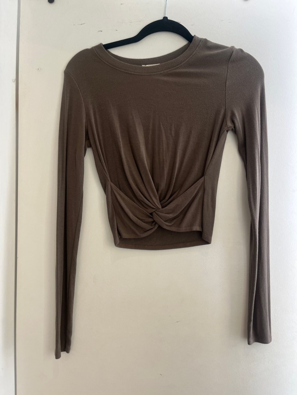 LA made Brown Twist-Knot Long Sleeve Crop Top